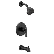 Matte black tub and shower trim kit with single lever handle, showerhead, and tub spout.
