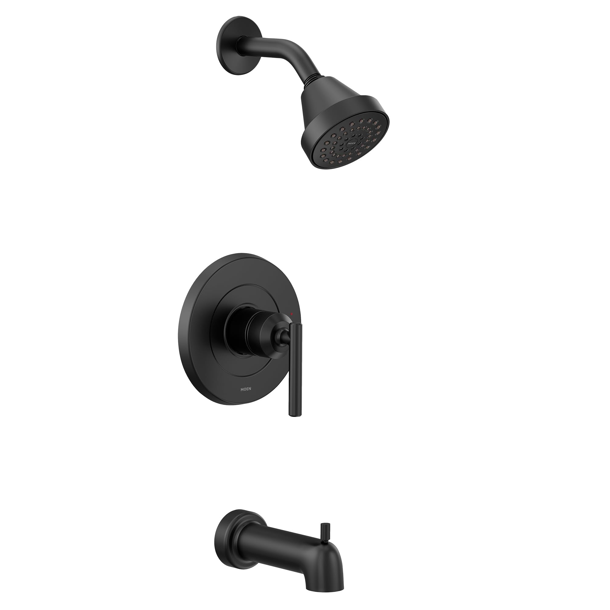 Matte black tub and shower trim kit with single lever handle, showerhead, and tub spout.