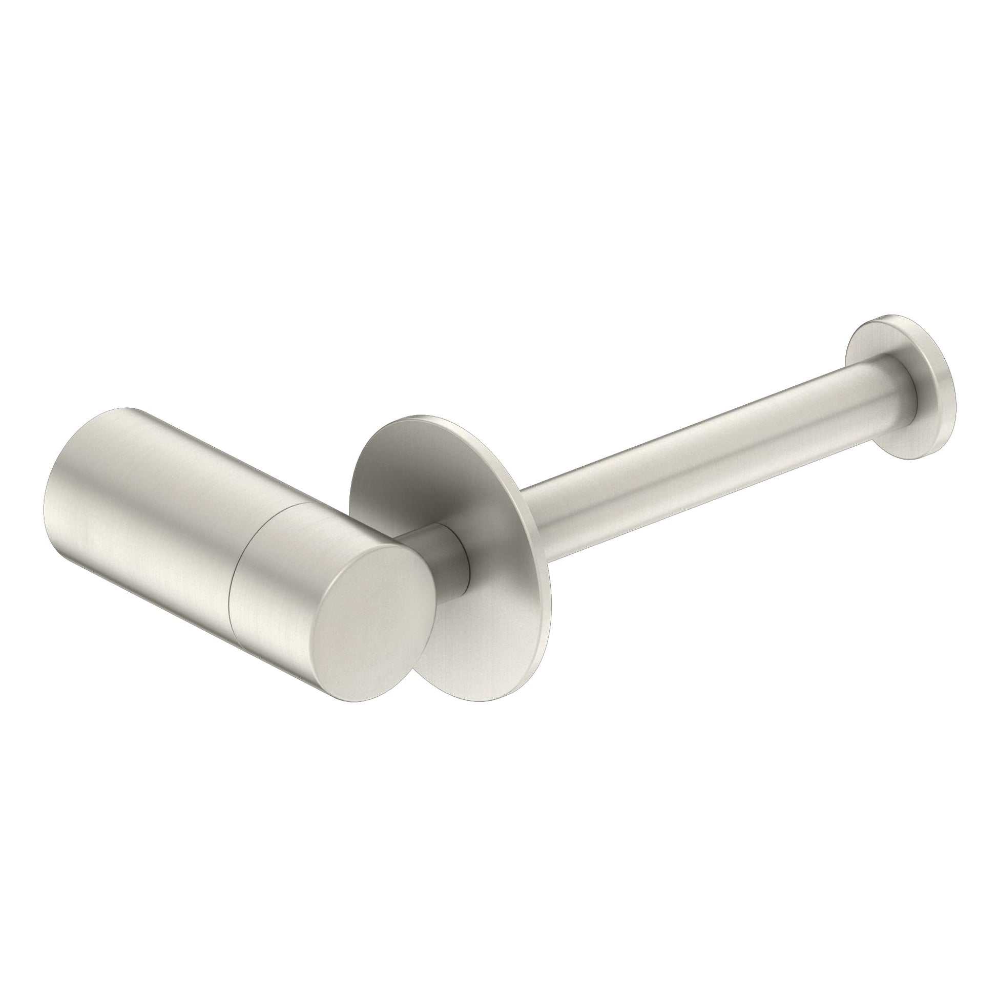 Brushed nickel single post toilet paper holder with cylindrical roll holder and wall-mounted rod.