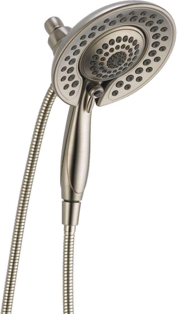 Brushed nickel two-in-one shower head with detachable handheld wand and perforated spray face.