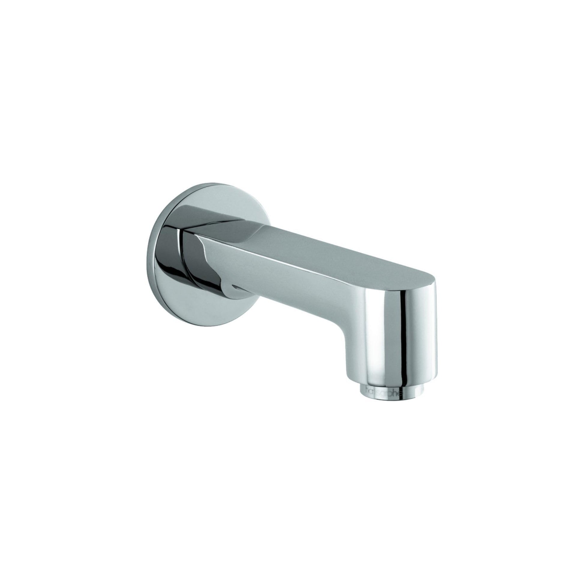Chrome tub spout with cylindrical body and round wall-mounted escutcheon plate.