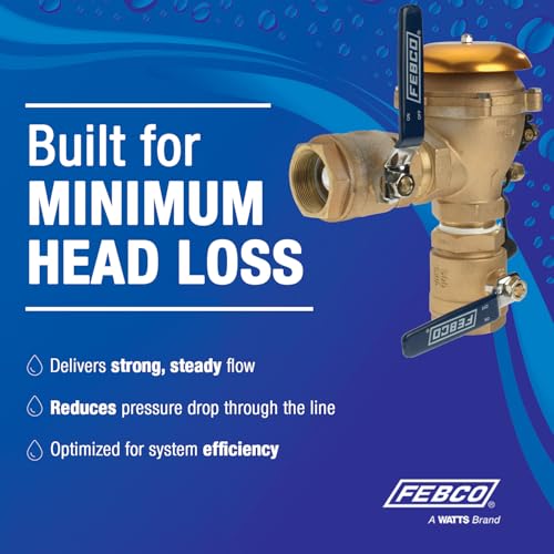 Bronze pressure vacuum breaker with 3/4 inch union connection and black lever handle on blue background.