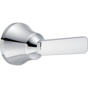 Chrome metal lever handle with round escutcheon plate for faucet installation.