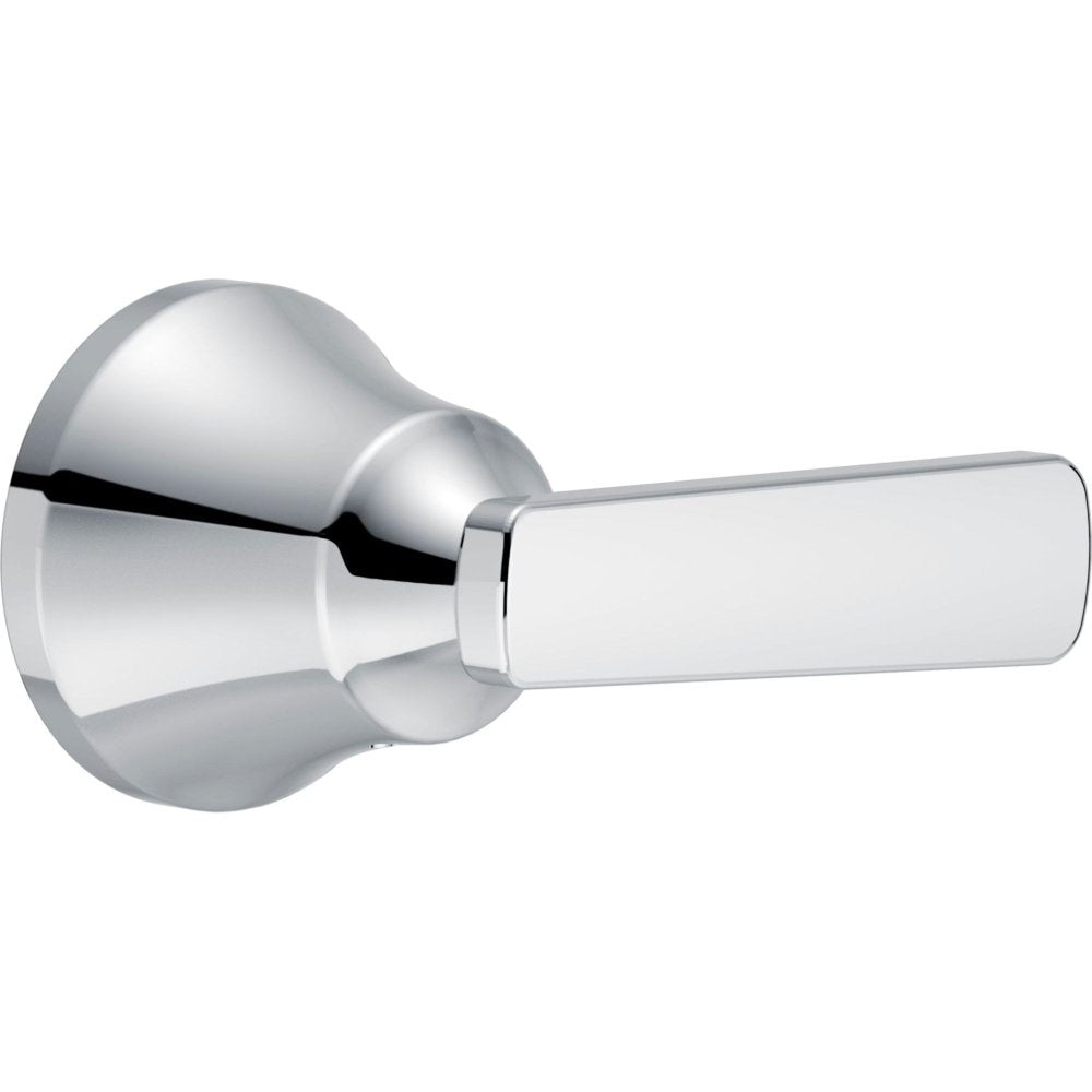 Chrome metal lever handle with round escutcheon plate for faucet installation.