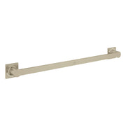 Brushed nickel towel bar with square mounting plates on each end.