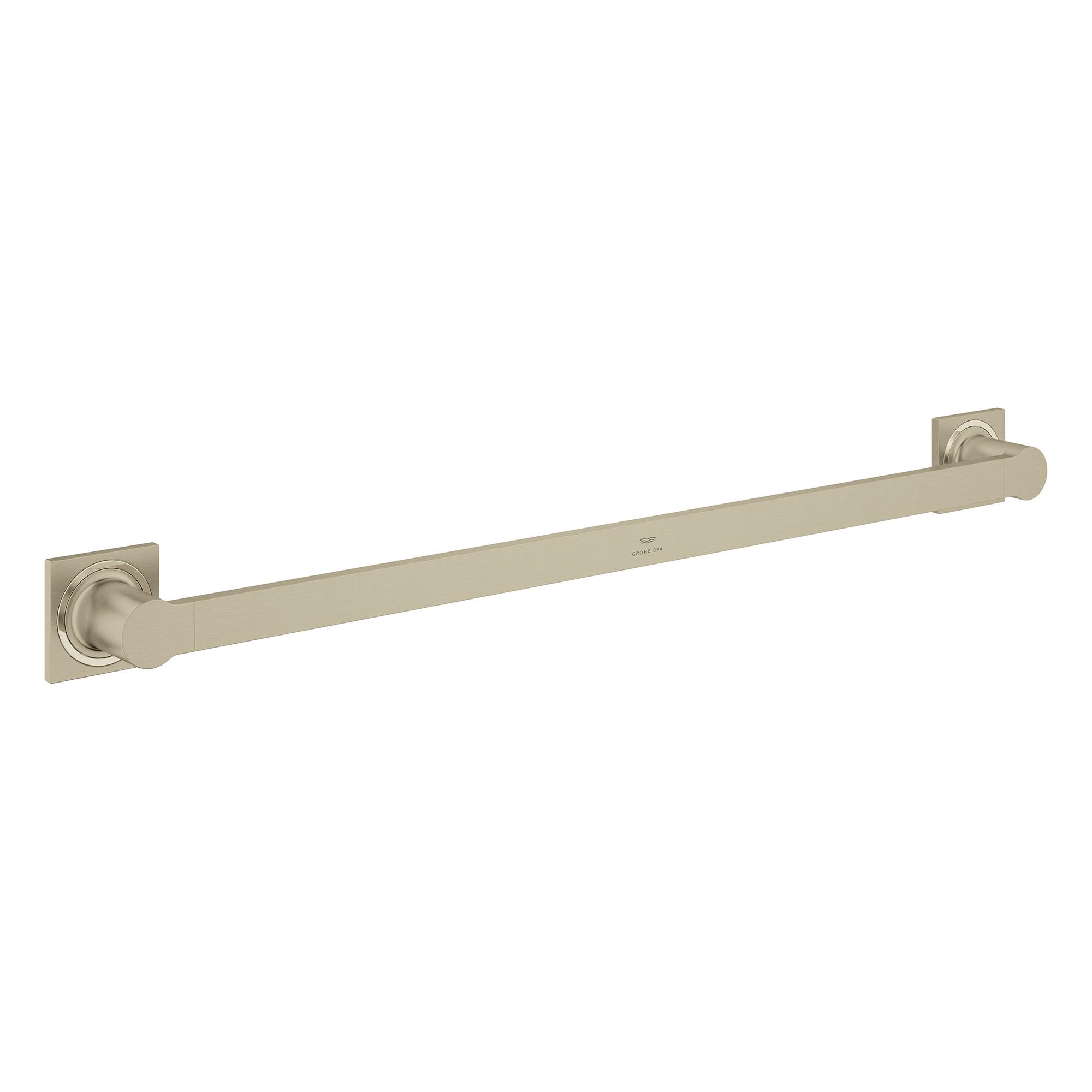 Brushed nickel towel bar with square mounting plates on each end.