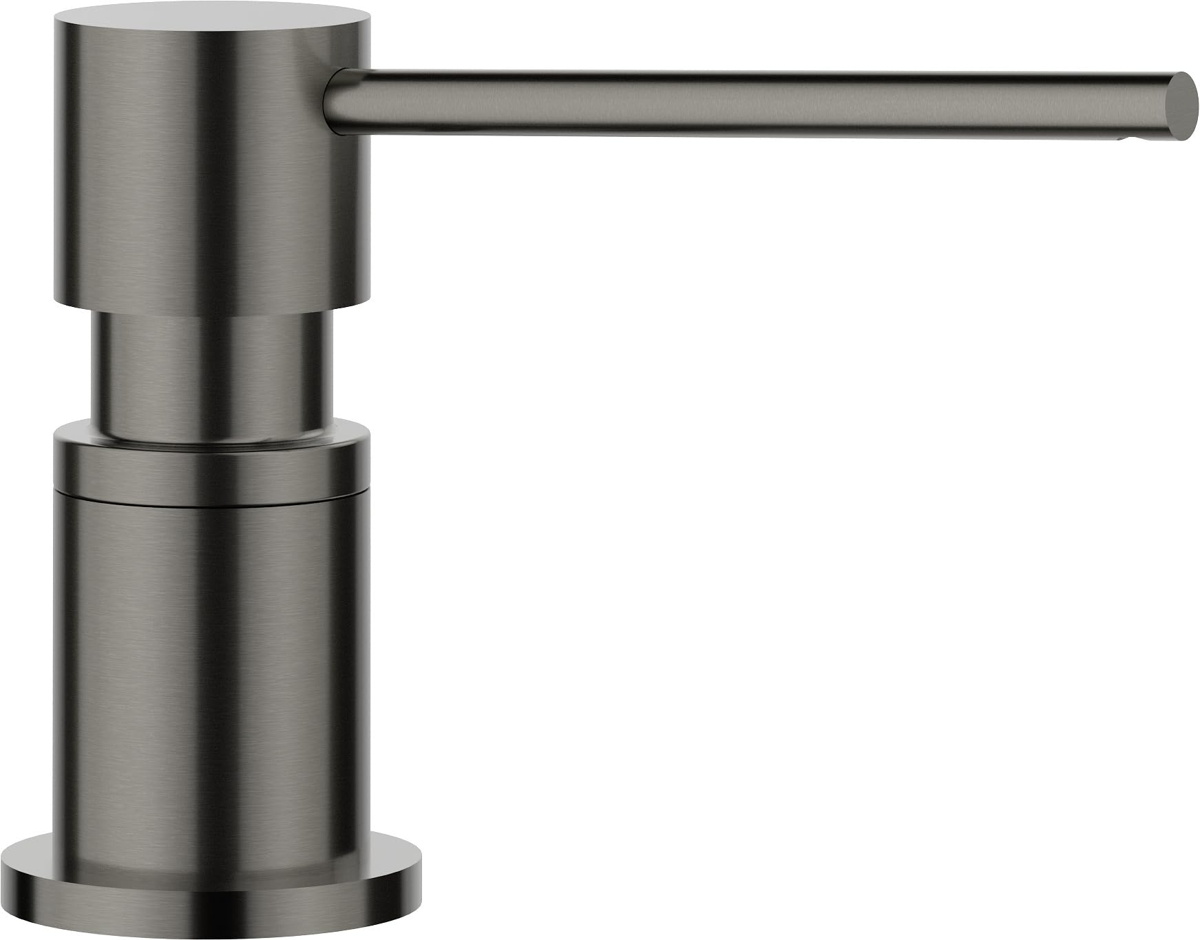 Satin dark steel soap dispenser with cylindrical pump body and horizontal spout.
