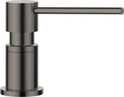 Satin dark steel soap dispenser with cylindrical pump body and horizontal spout.