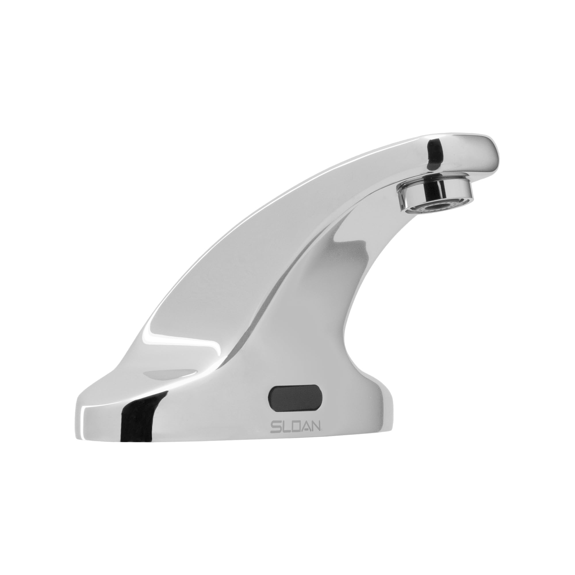 White and chrome battery-powered faucet with curved body, sensor panel, and curved spout mounted on white base.
