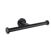 Matte black double toilet paper holder with two cylindrical bars and wall-mounted circular backing plates.