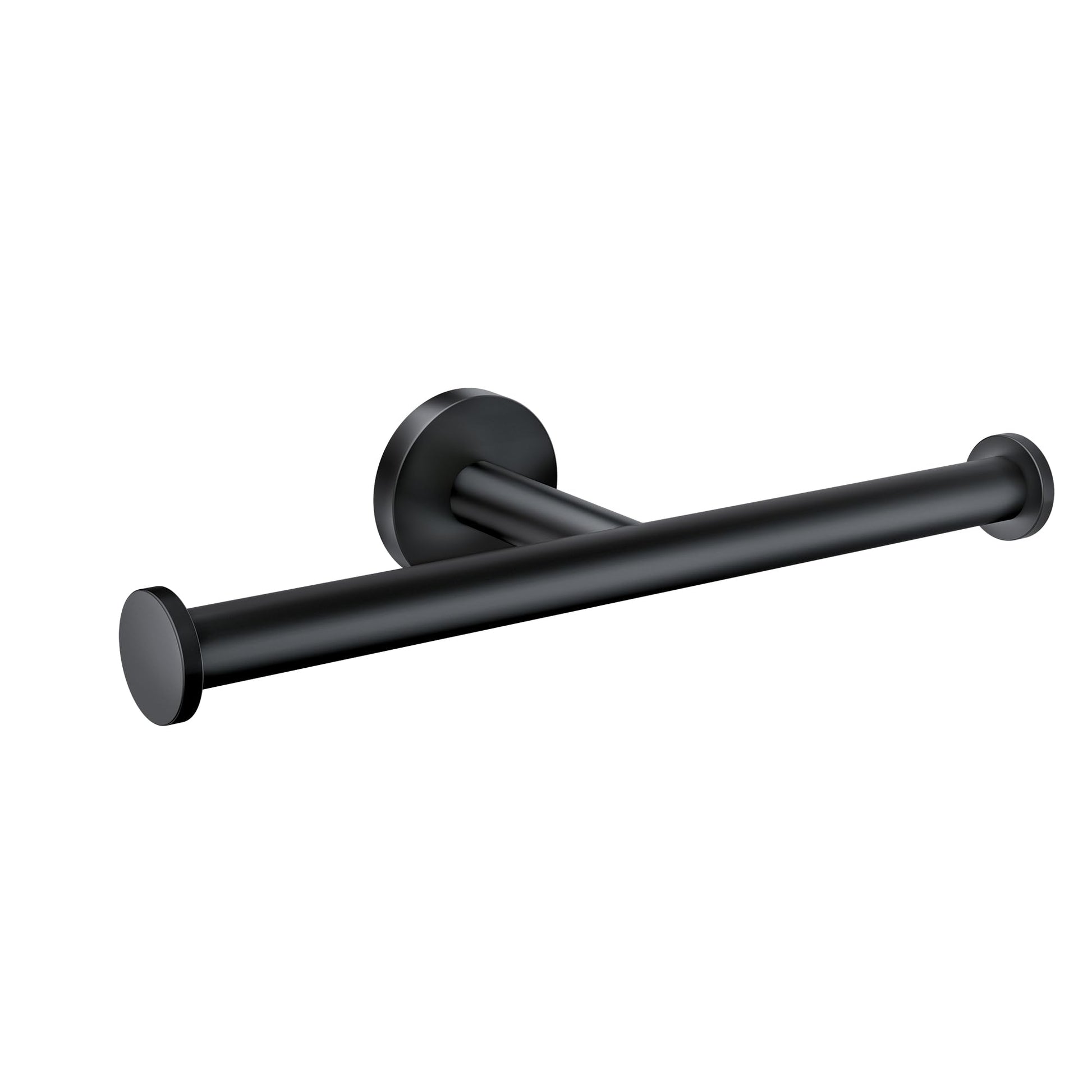 Matte black double toilet paper holder with two cylindrical bars and wall-mounted circular backing plates.