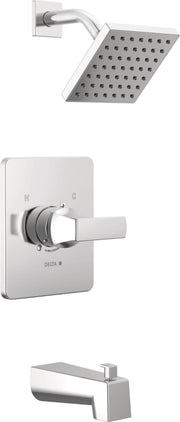 Chrome showerhead with angled arm, wall-mounted valve with lever handle, and tub spout.