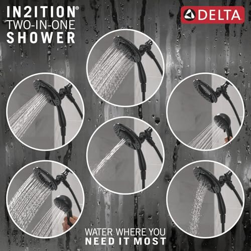 Matte black dual-function showerhead with handheld attachment showing six spray pattern settings.