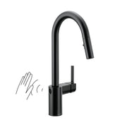 Matte black high-arc pulldown kitchen faucet with touchless sensor and single handle control lever.