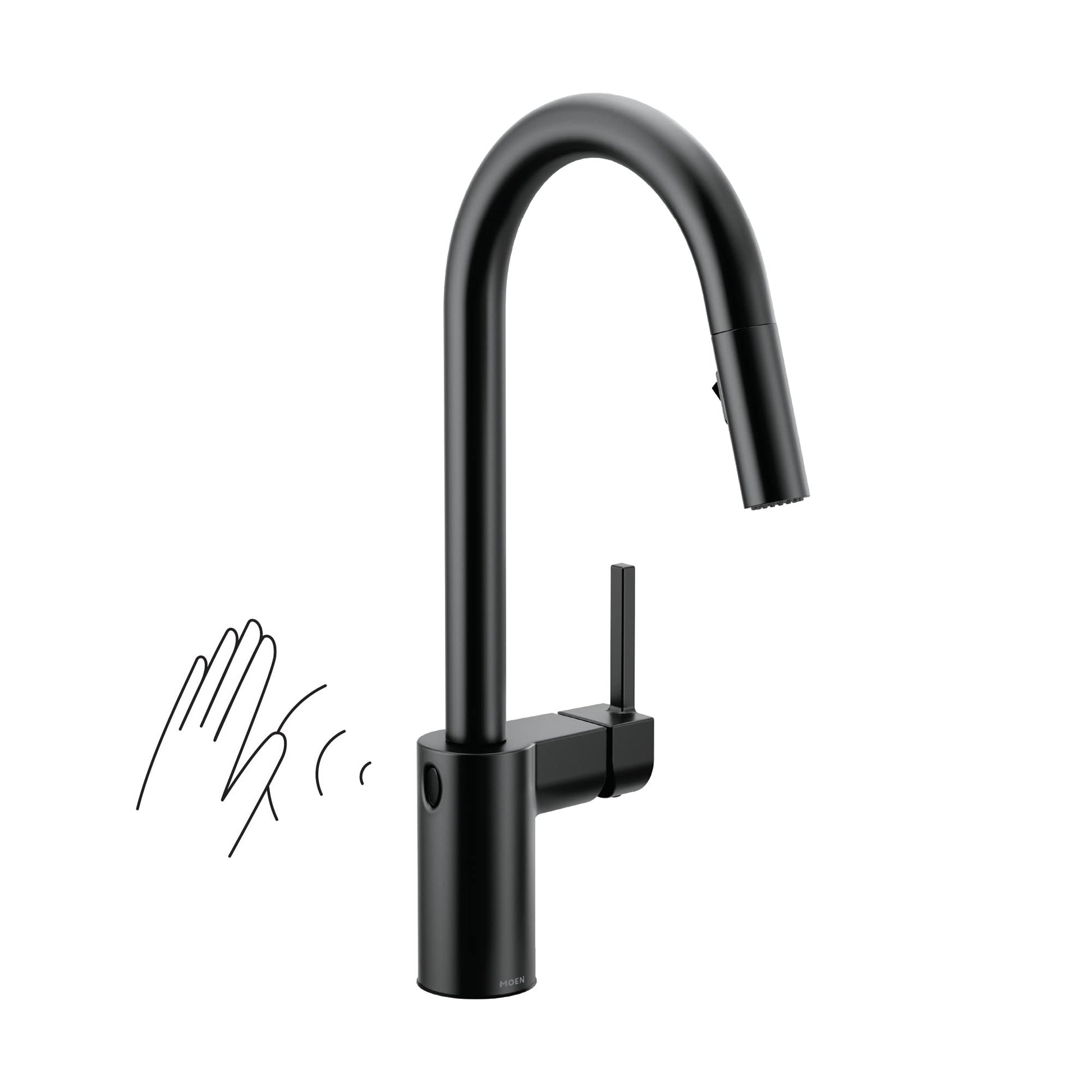 Matte black high-arc pulldown kitchen faucet with touchless sensor and single handle control lever.