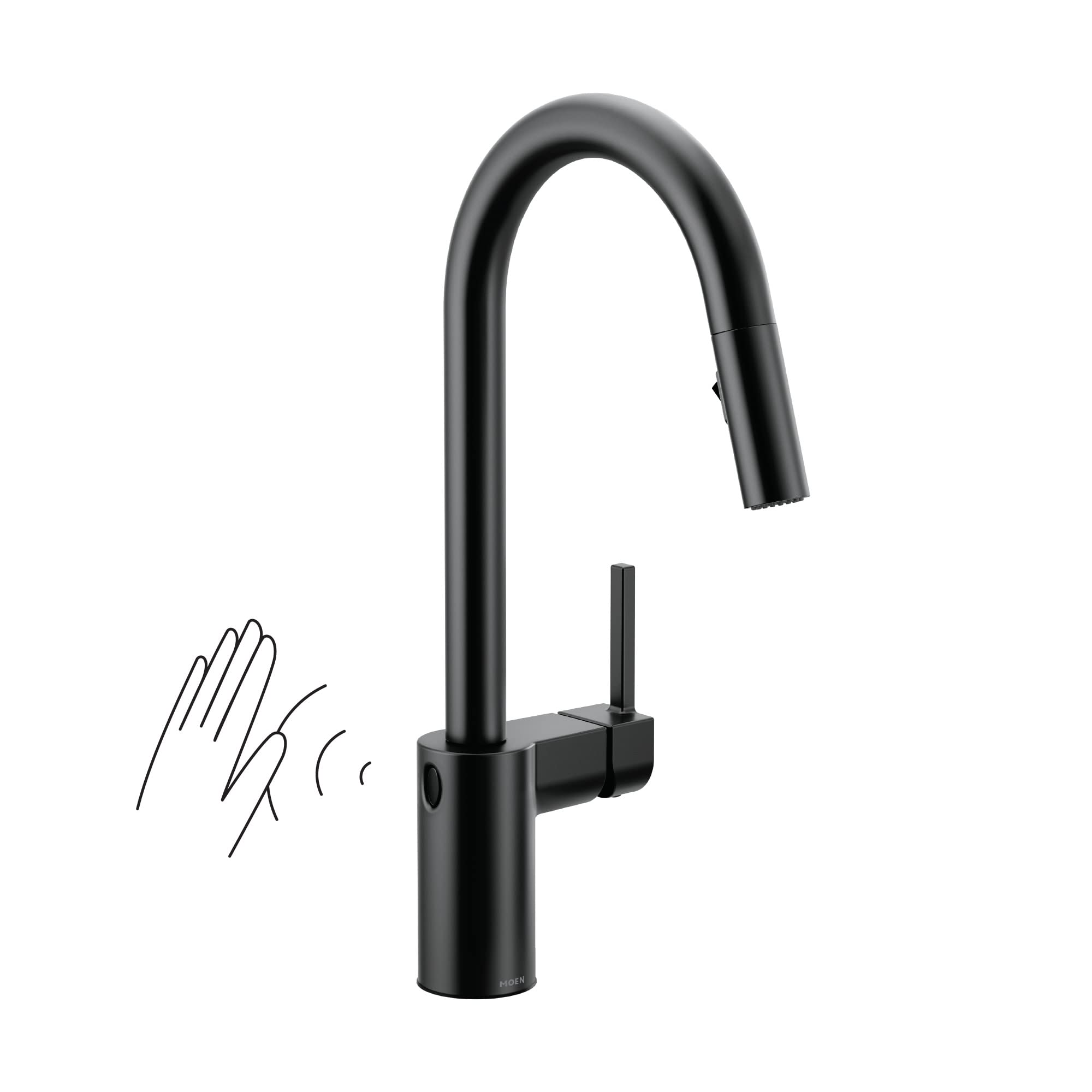 Matte black high-arc pulldown kitchen faucet with touchless sensor and single handle control lever.
