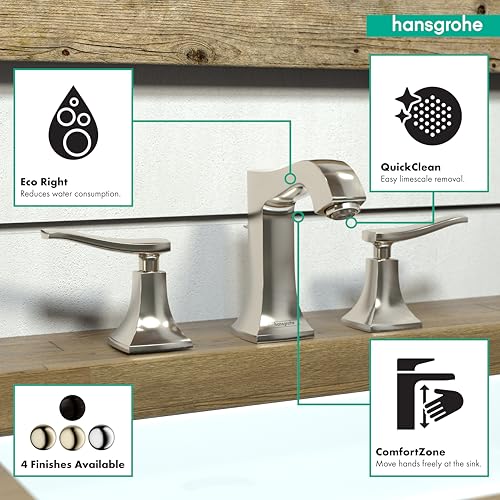 Polished nickel three-hole bathroom faucet with curved lever handles and tall spout on wooden countertop.