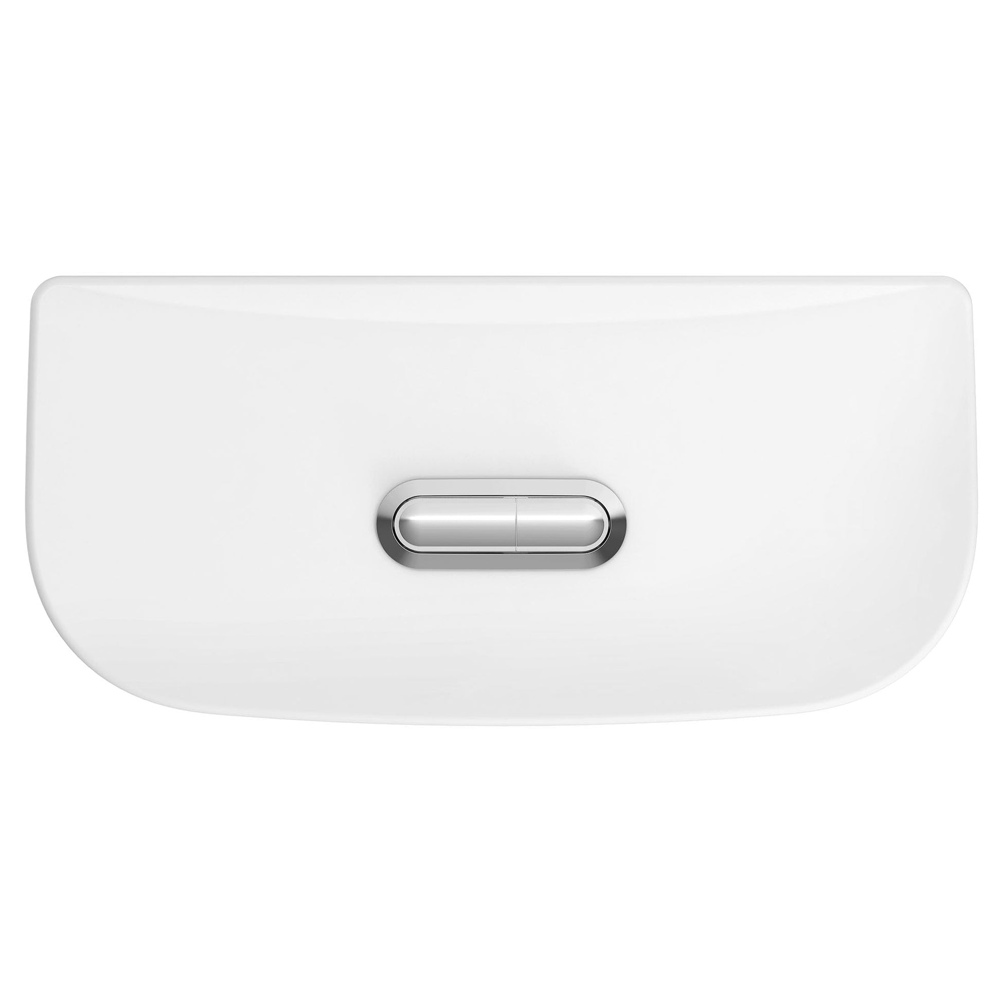 White toilet tank cover with dual flush button in chrome and white finish.