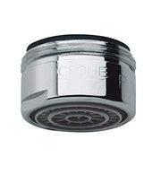 Grohe chrome flow control aerator with black rubber seal and circular grid pattern on base.