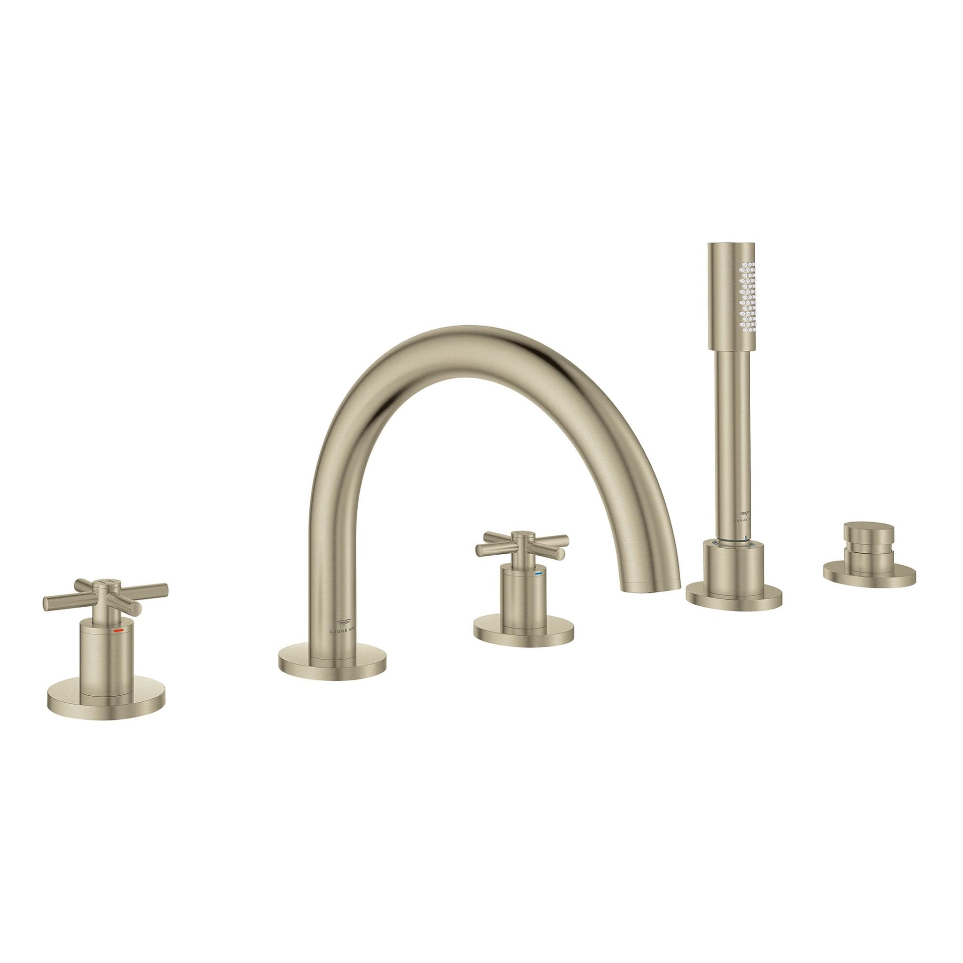 Brushed nickel Roman tub faucet with curved spout, two cross handles, hand shower, and five deck-mount components.