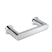 Chrome toilet paper holder with curved arms pivoting at cylindrical wall mounts on both ends.