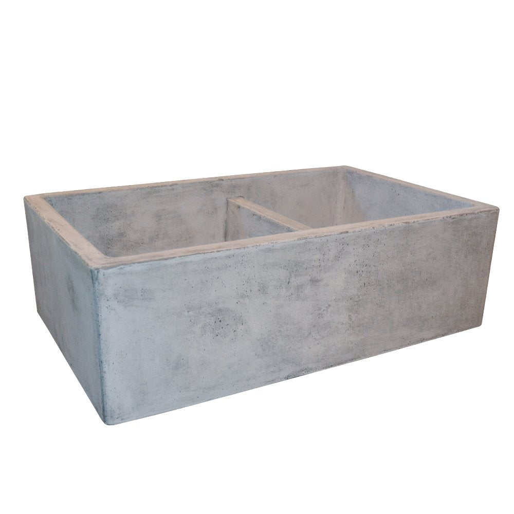Ash-colored concrete farmhouse sink with two equal rectangular bowls and apron front.