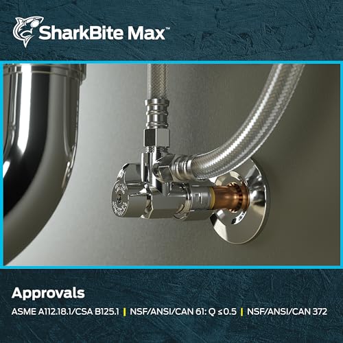 Chrome dual stop angle valve with push-to-connect fittings and braided supply lines installed on wall.