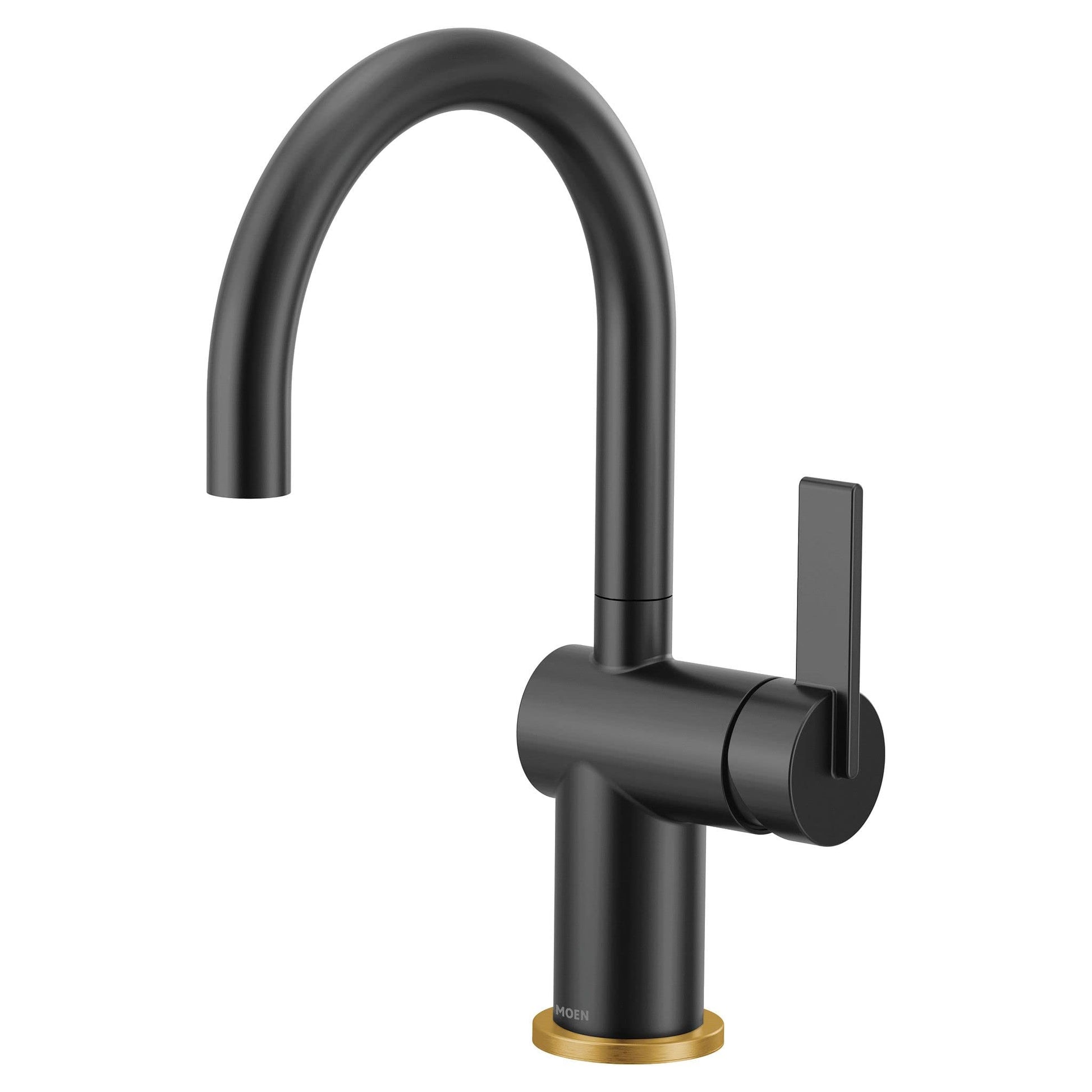 Moen Cia matte black single-handle bar faucet with curved spout and brass base accent.