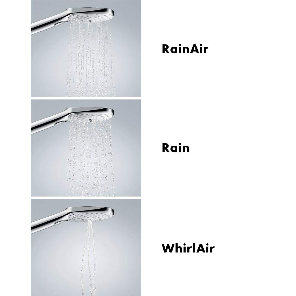 Chrome and white handshower displaying three spray settings: RainAir, Rain, and WhirlAir water patterns.
