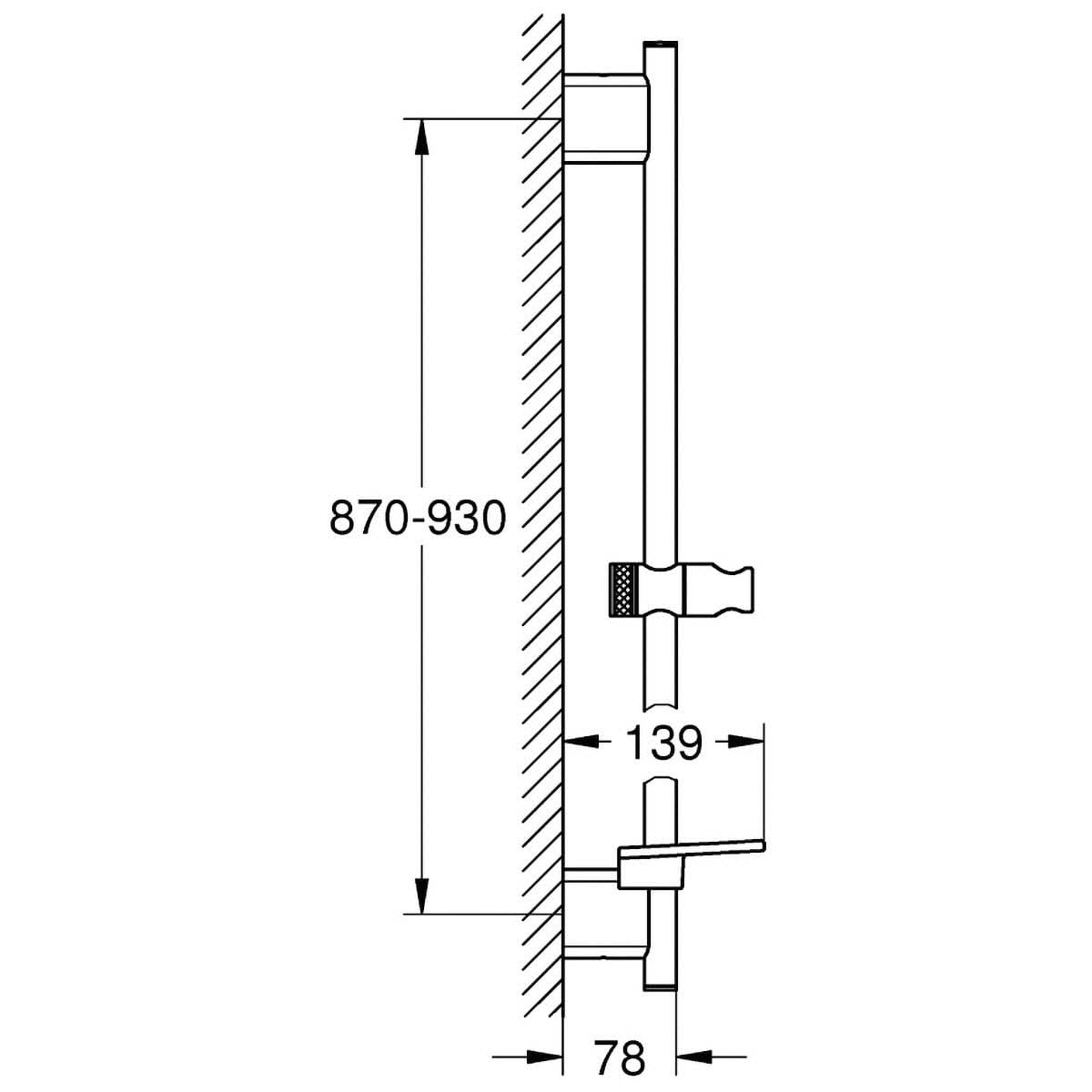 Chrome shower slide bar with wall mounting bracket and adjustable height range, shown in technical diagram view.
