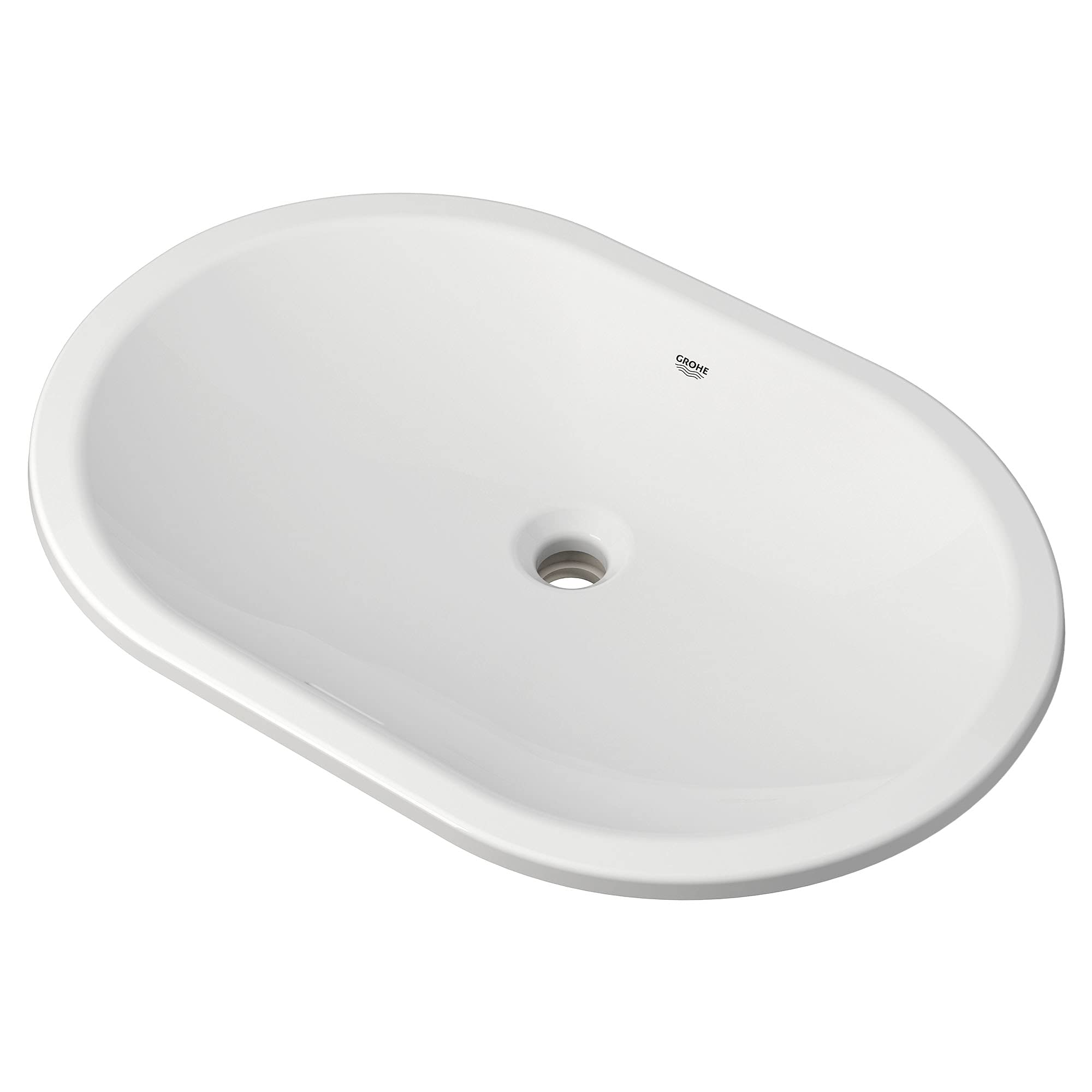 White oval undermount bathroom sink with center drain hole and Grohe branding.