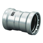 Viega 2-1/2" press coupling with stop in zinc-nickel coated carbon steel, showing cylindrical body with ribbed grip ring.