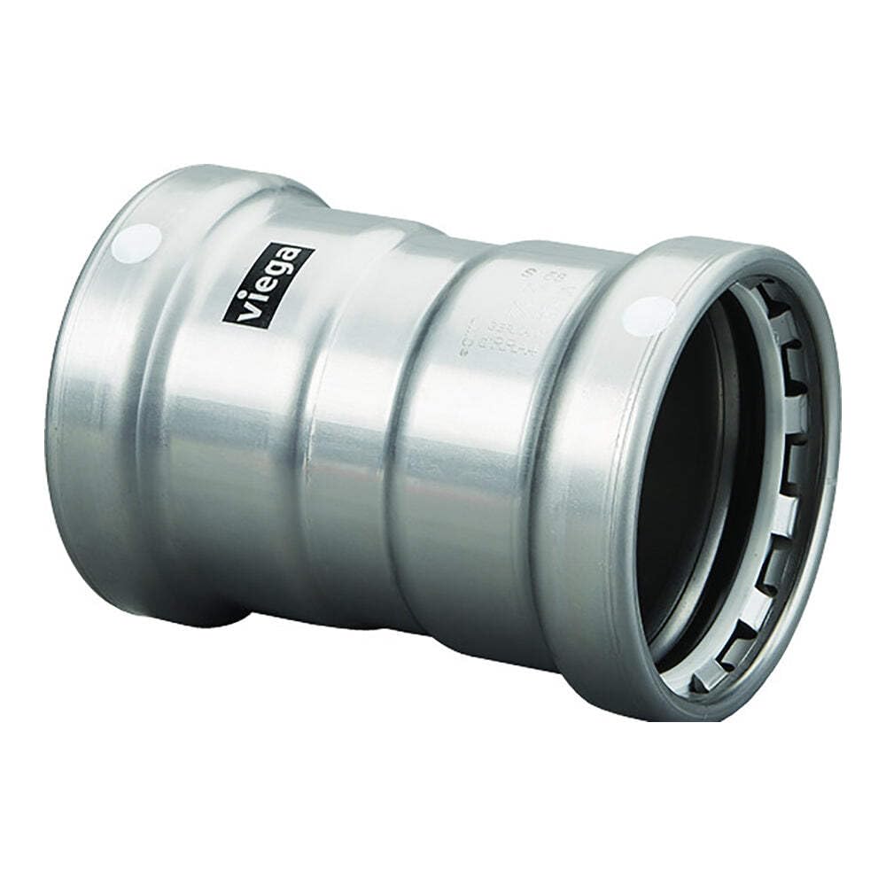 Viega 2-1/2" press coupling with stop in zinc-nickel coated carbon steel, showing cylindrical body with ribbed grip ring.