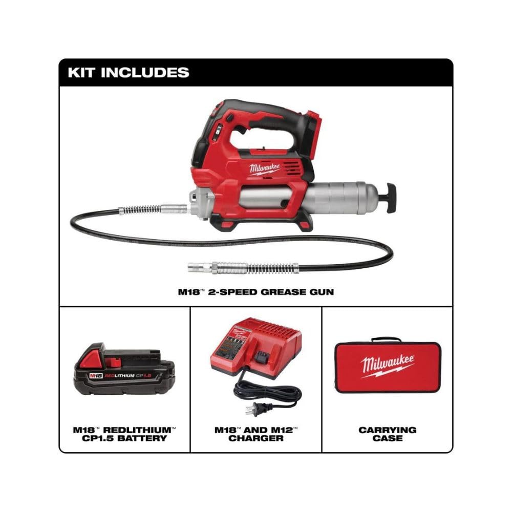 Red and black Milwaukee M18 2-speed grease gun kit with battery, charger, and carrying case.
