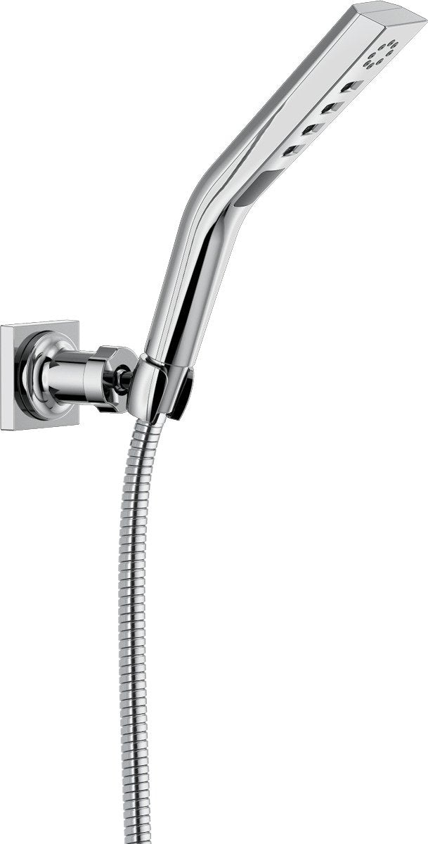 Chrome hand shower with angled head and multiple spray holes, mounted on wall bracket with flexible hose.
