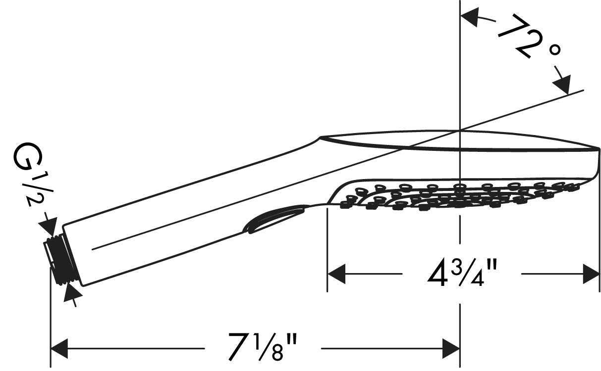 White and chrome handheld showerhead with 3-jet spray pattern and adjustable angle bracket, dimensions shown.