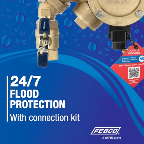 Bronze 3/4 inch RPZ backflow preventer with blue lever valve and black solenoid on blue background.
