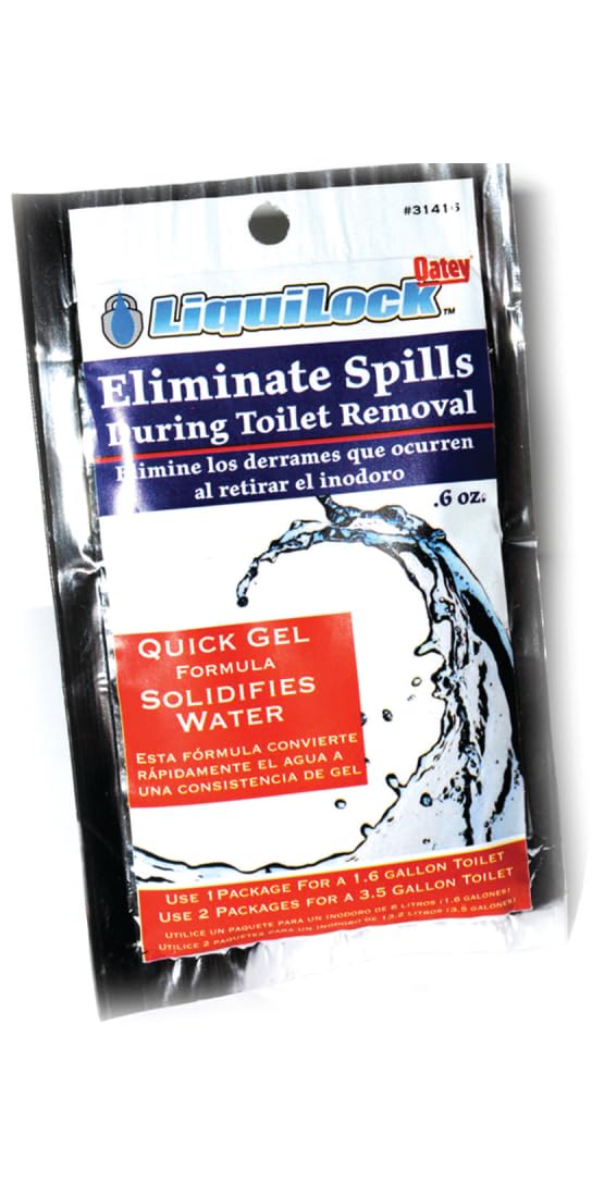 Two packets of Oatey LiquidLoc gel, 0.6 oz each, for toilet removal with quick gel formula.