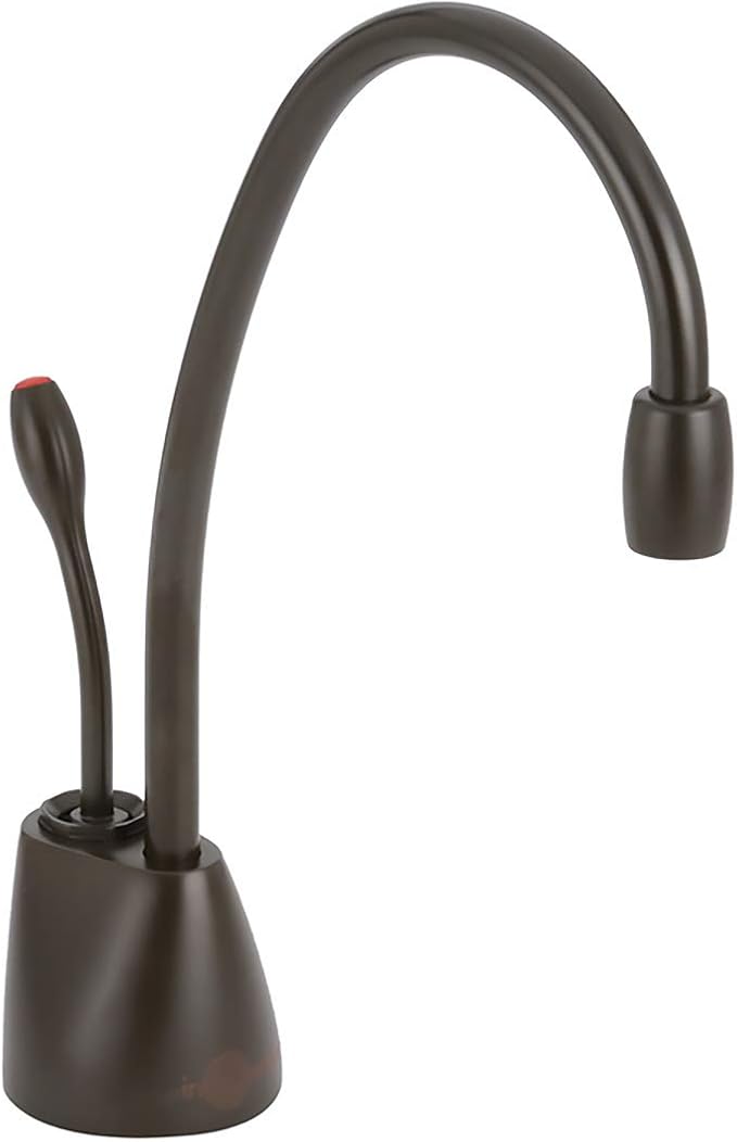 Oil rubbed bronze instant hot water dispenser faucet with arched spout and control lever on rounded base.