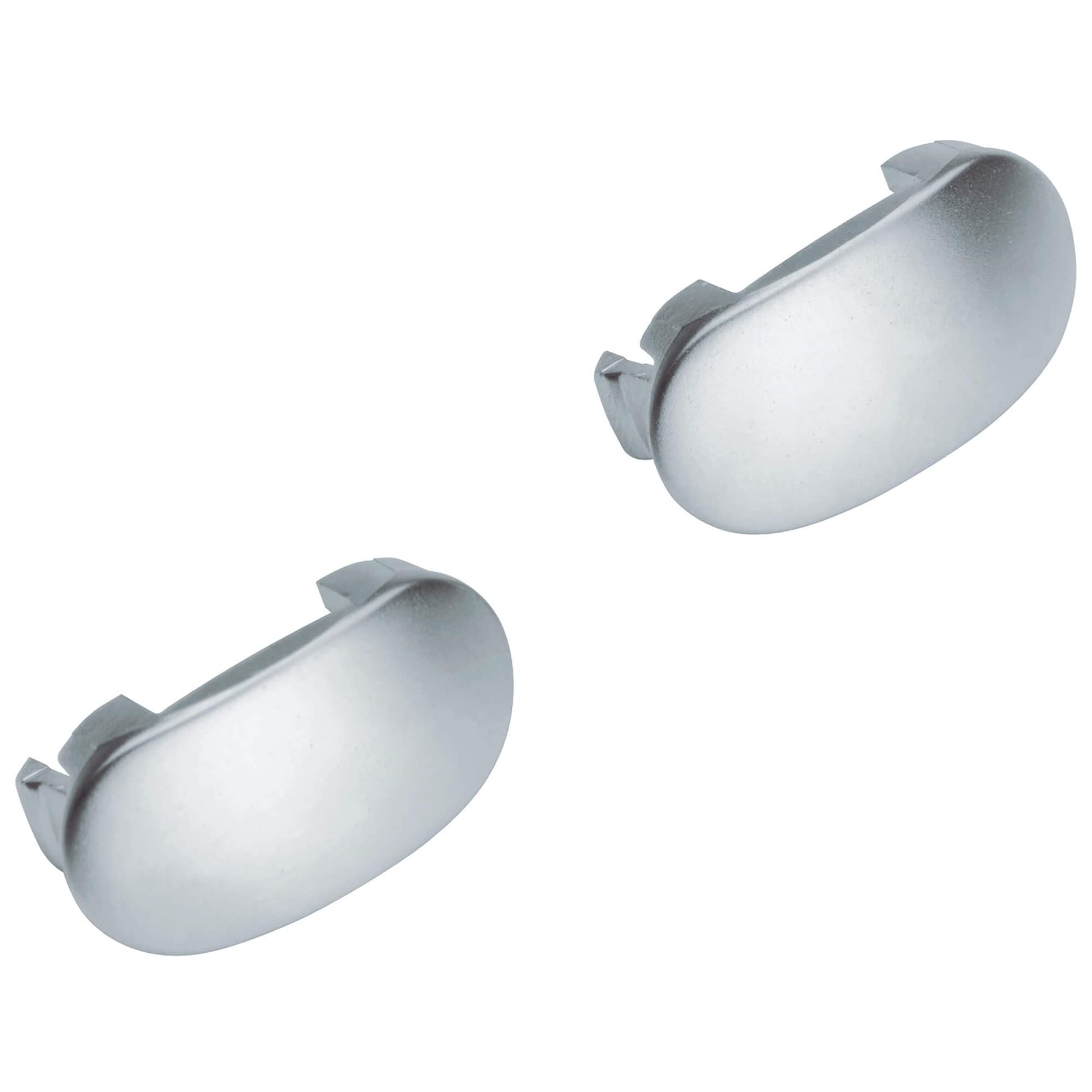Two matte chrome oval cover caps with mounting tabs on white background.