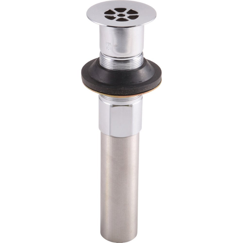 Chrome grid strainer with black rubber gasket and cylindrical metal body for bathroom sink drain installation.