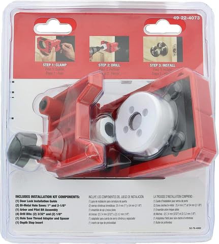 Milwaukee HOLE DOZER door lock installation kit with white hole saw, red clamp, drill bit, and installation guide in clear pl