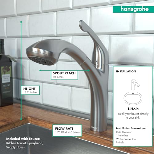 Steel pull-out kitchen faucet with curved spout and detachable spray head over sink with white tile backsplash.