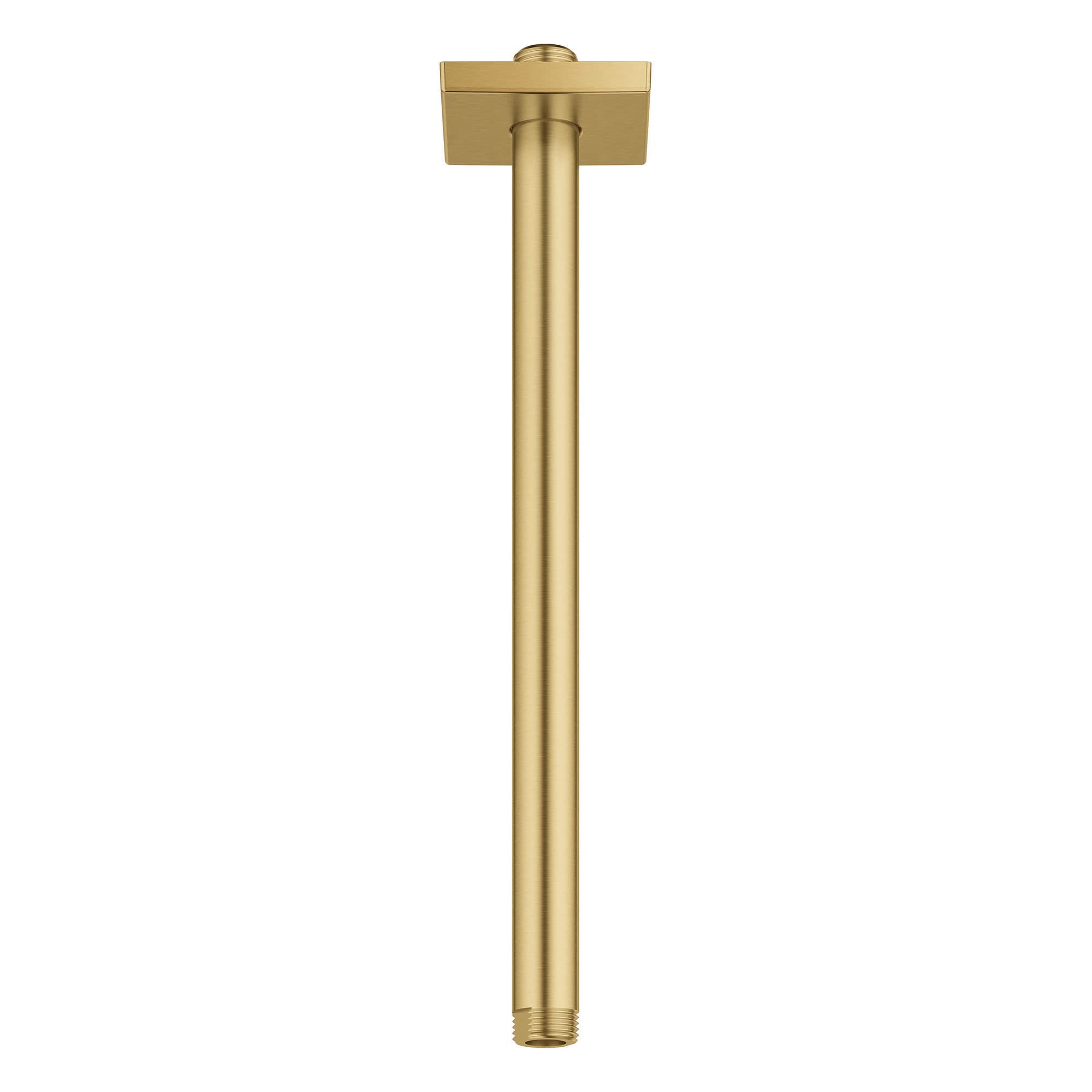 Brushed gold vertical shower arm with square flange connector at top.