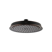 Round rubbed bronze shower head with multiple spray jets and mounting arm.