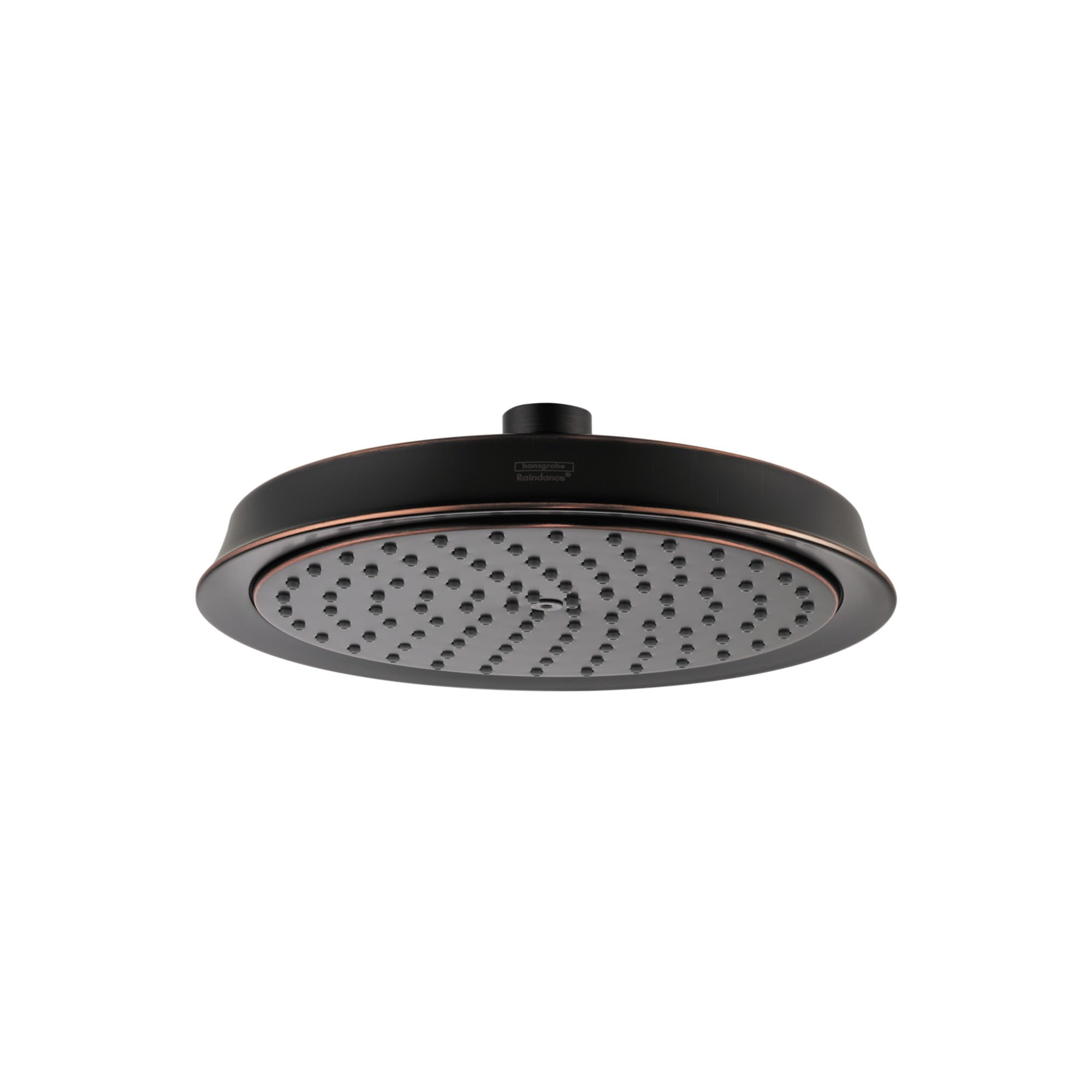Round rubbed bronze shower head with multiple spray jets and mounting arm.