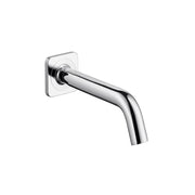 Chrome tub spout with curved angled outlet and square wall-mounted flange.