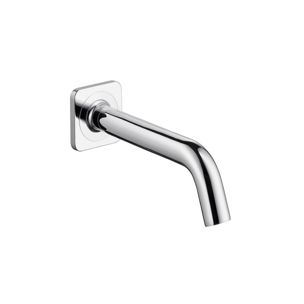 Chrome tub spout with curved angled outlet and square wall-mounted flange.