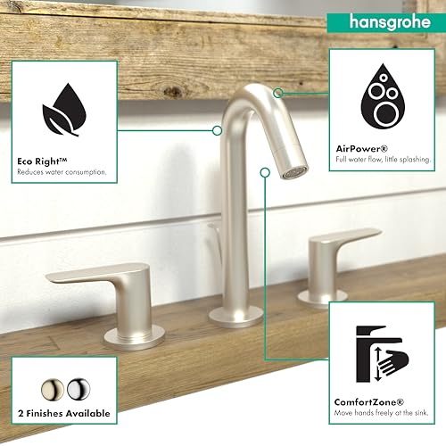 Brushed nickel widespread bathroom faucet with tall curved spout, pop-up drain, and dual lever handles on white sink.