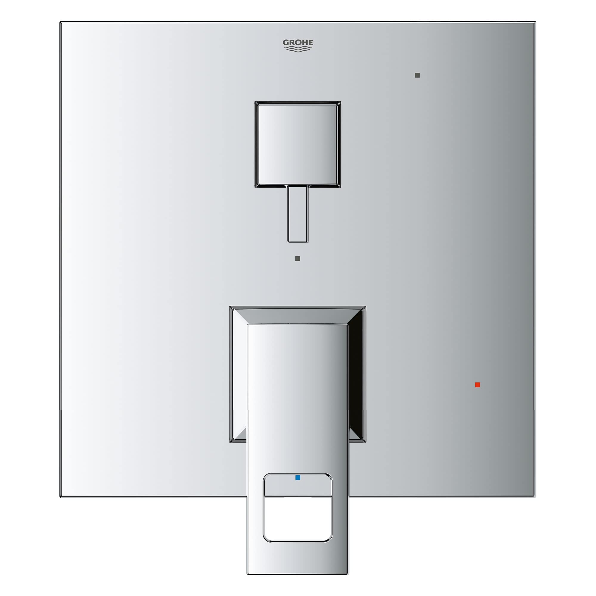 Grohe Eurocube chrome pressure balance valve trim with square handles and 2-way diverter cartridge, shown in top view.